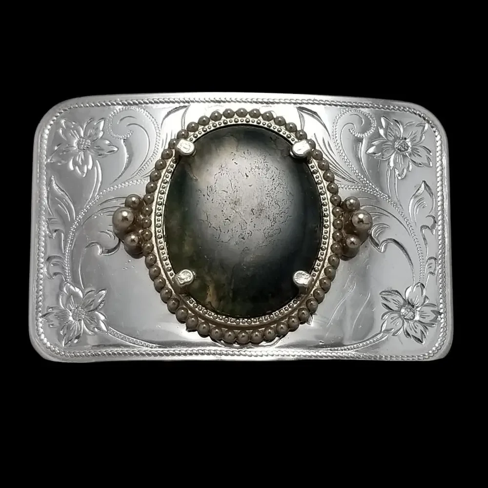 Vintage Belt Buckle Cabochon Agate Western Filigree Carved Flowers Silver Color
